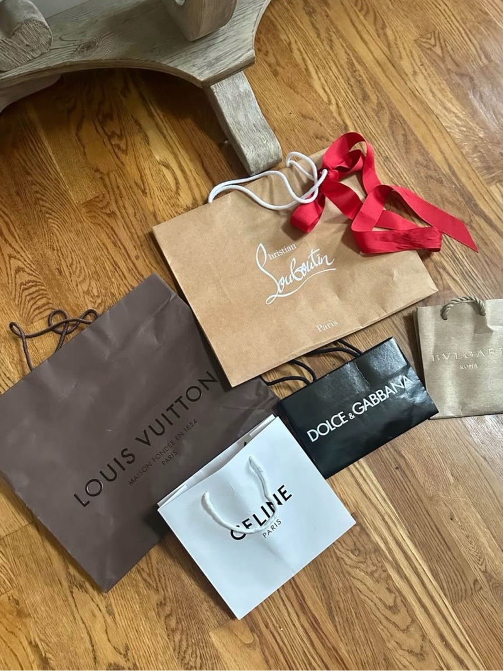Louis Vuitton Brown Shopping Bag with White Celine Bag